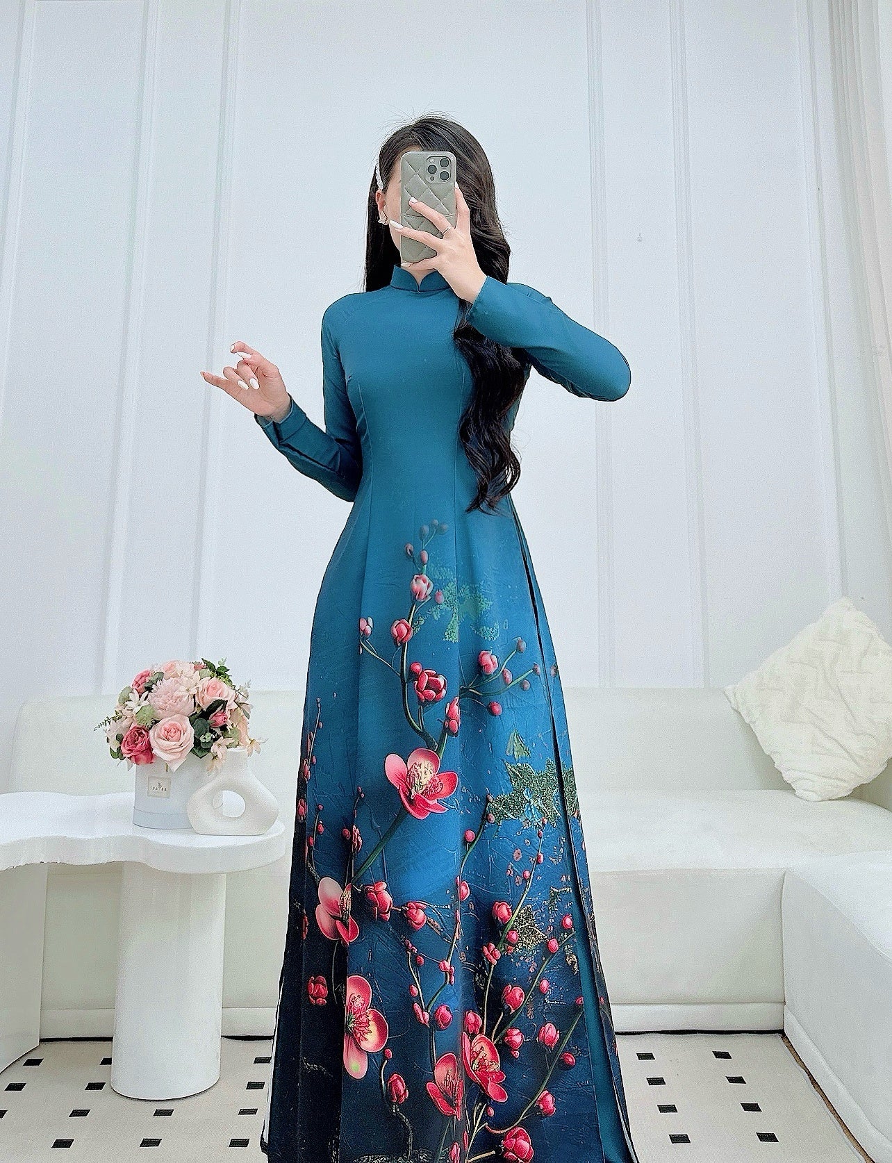 Pre-order: Elegant Long Sleeve Áo Dài for Women | Sakura Printed Ao Dai Set