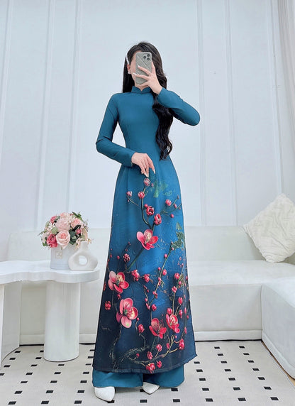 Pre-order: Elegant Long Sleeve Áo Dài for Women | Sakura Printed Ao Dai Set