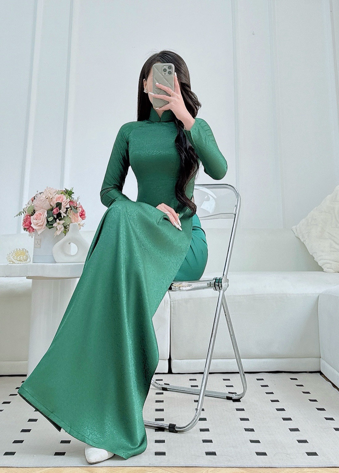 Green Brocade Ao Dai With Pants | Pre made ao dai for Women | Vietnamese long dress