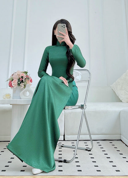Green Brocade Ao Dai With Pants | Pre made ao dai for Women | Vietnamese long dress