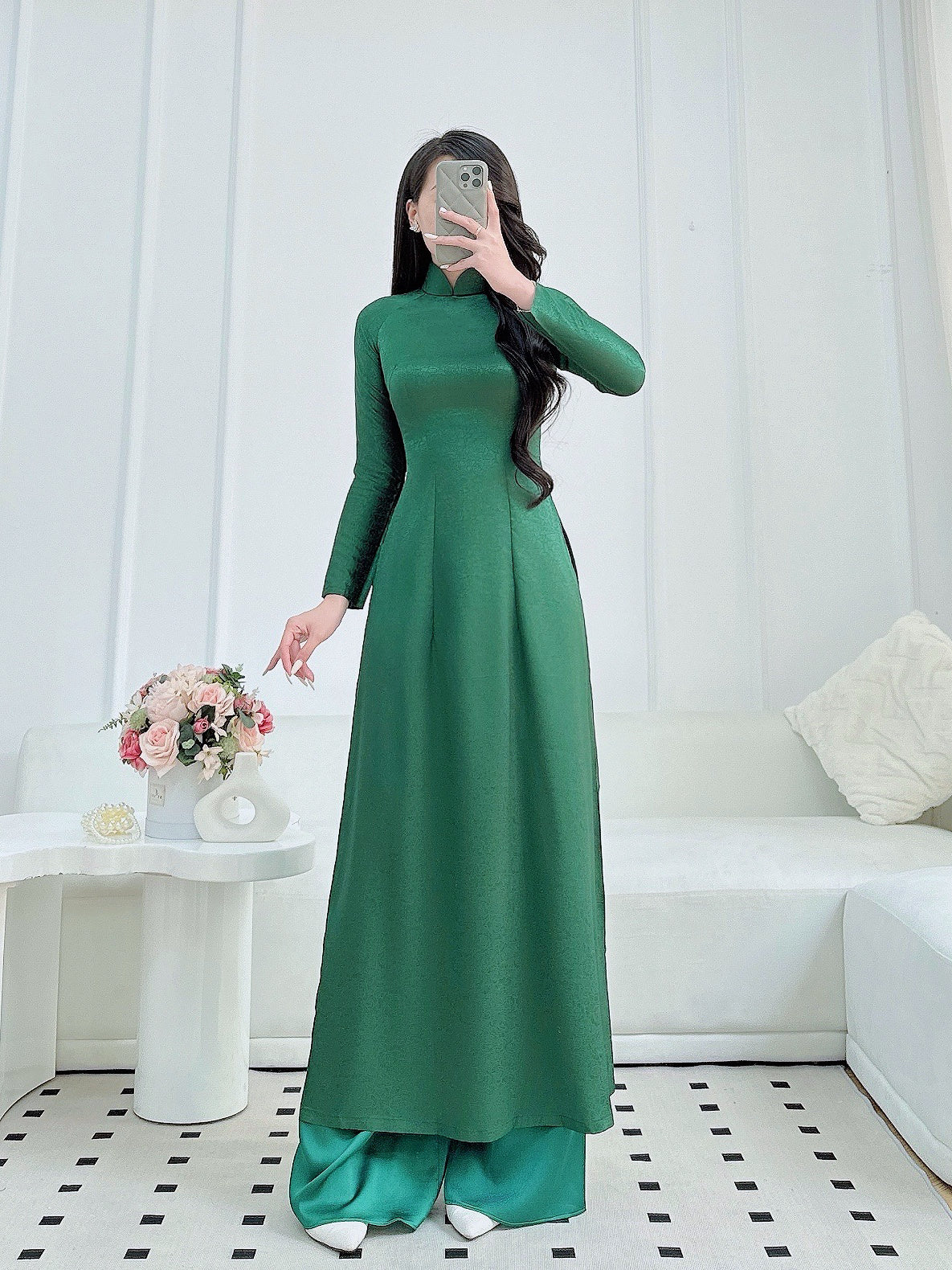 Green Brocade Ao Dai With Pants | Pre made ao dai for Women | Vietnamese long dress