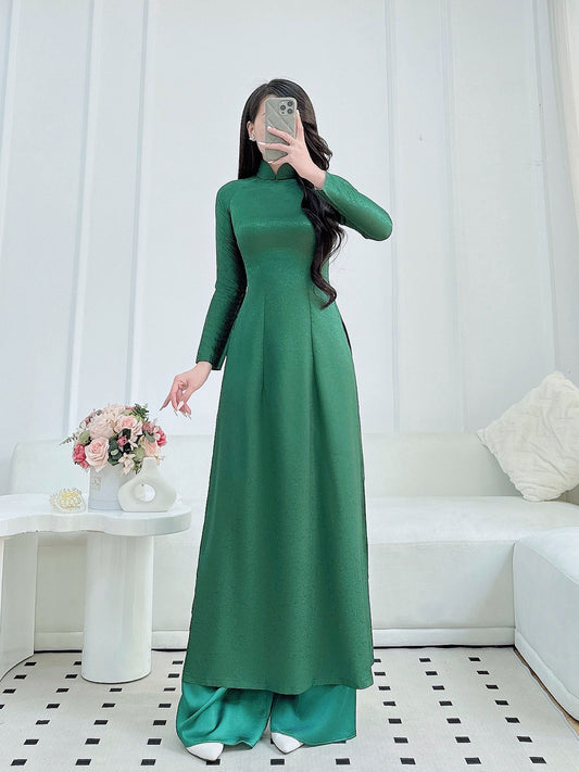 Green Brocade Ao Dai With Pants | Pre made ao dai for Women | Vietnamese long dress