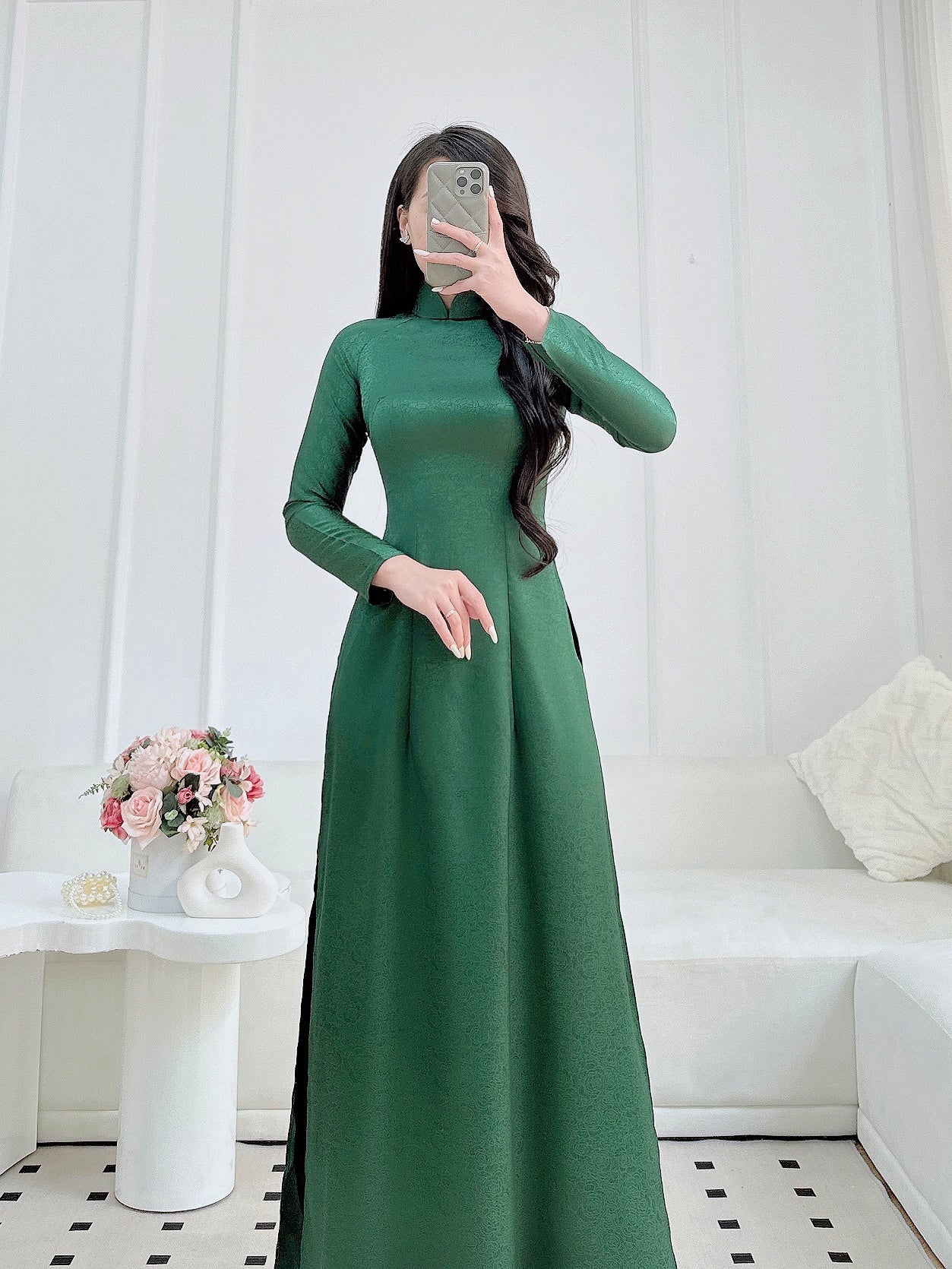 Green Brocade Ao Dai With Pants | Pre made ao dai for Women | Vietnamese long dress