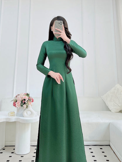 Green Brocade Ao Dai With Pants | Pre made ao dai for Women | Vietnamese long dress