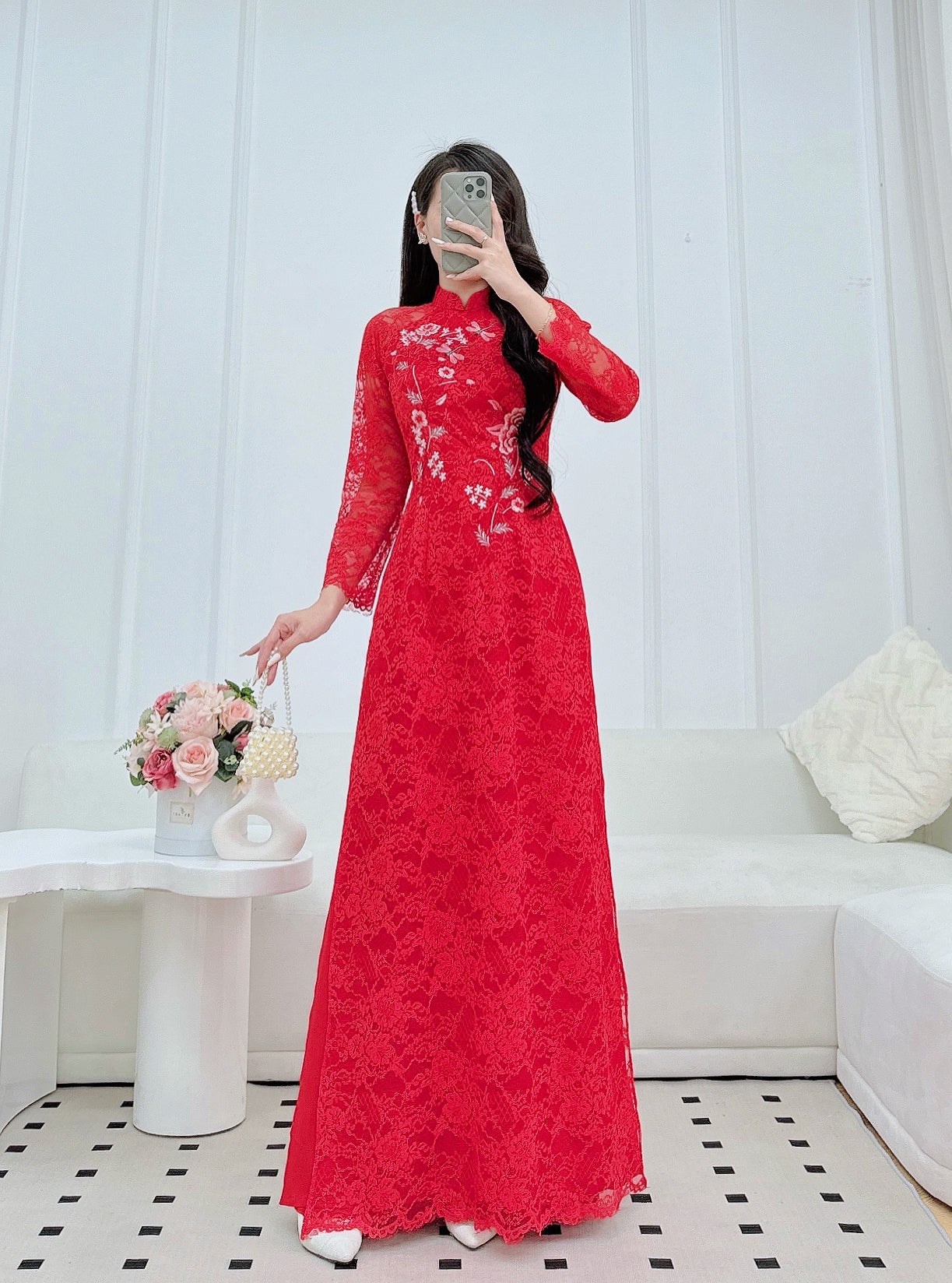 Pre-made Red Lace Bride Ao Dai | Vietnamese long dress with Pants