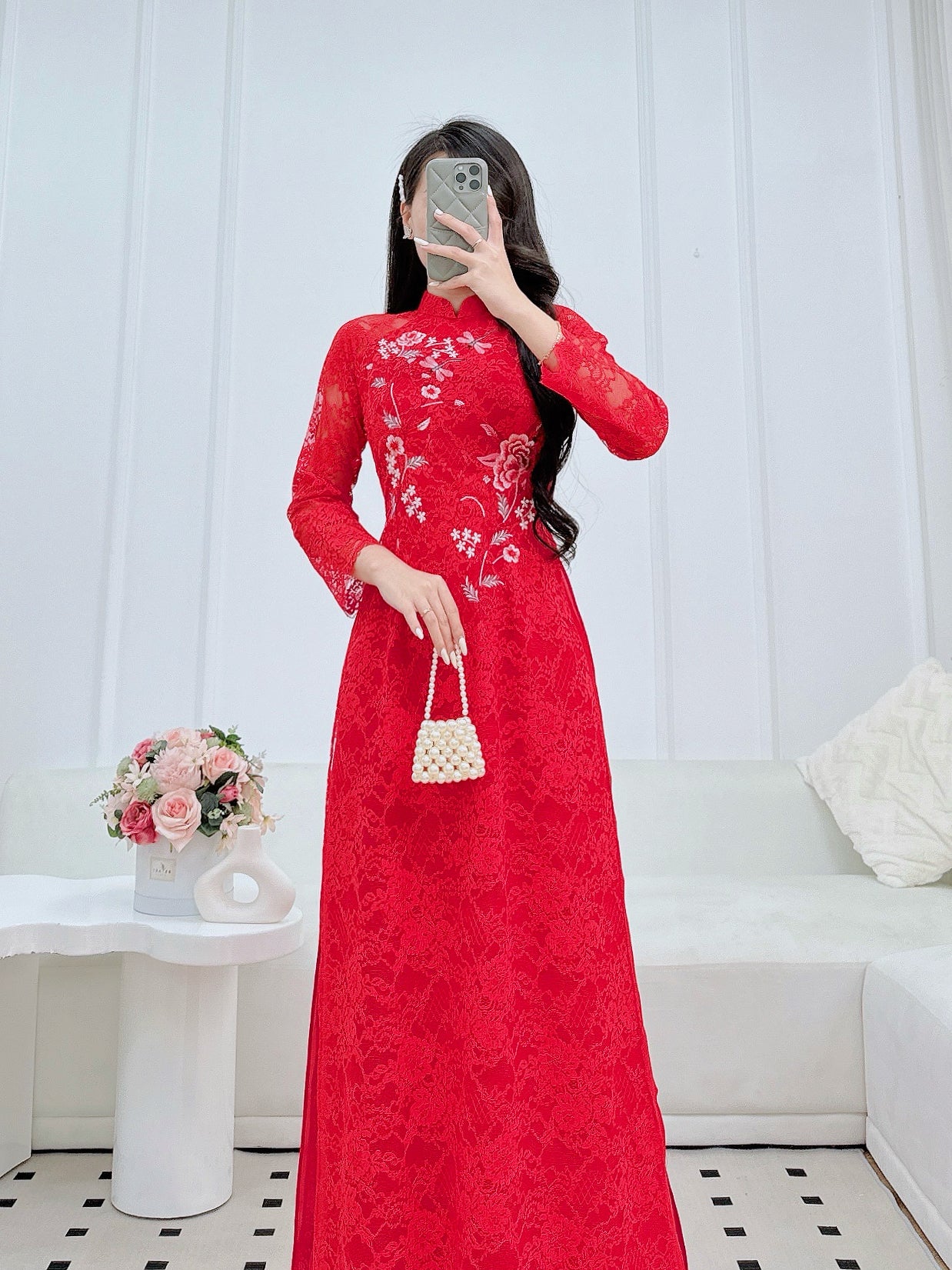Pre-made Red Lace Bride Ao Dai | Vietnamese long dress with Pants
