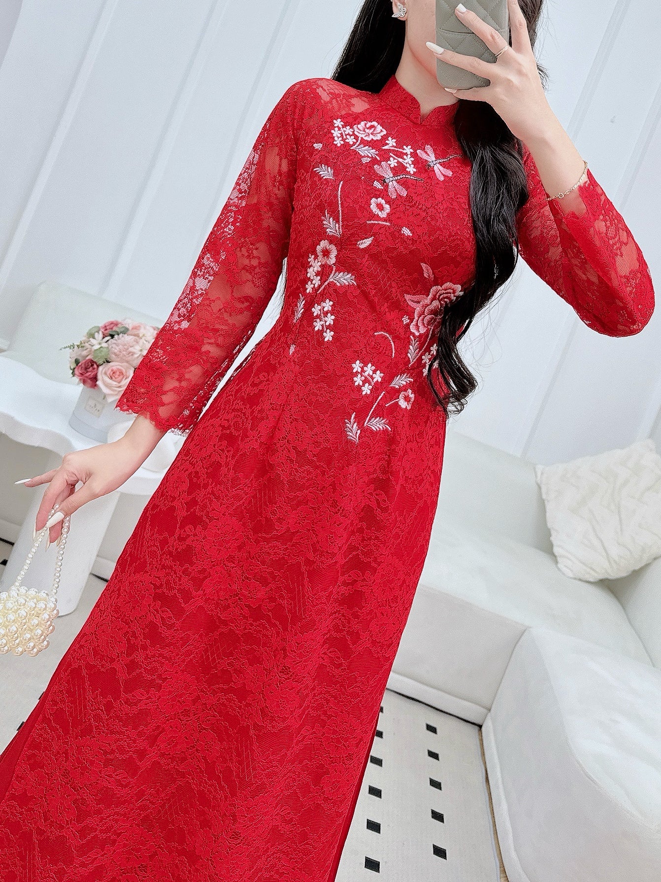 Pre-made Red Lace Bride Ao Dai | Vietnamese long dress with Pants