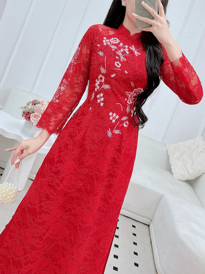 Pre-made Red Lace Bride Ao Dai | Vietnamese long dress with Pants