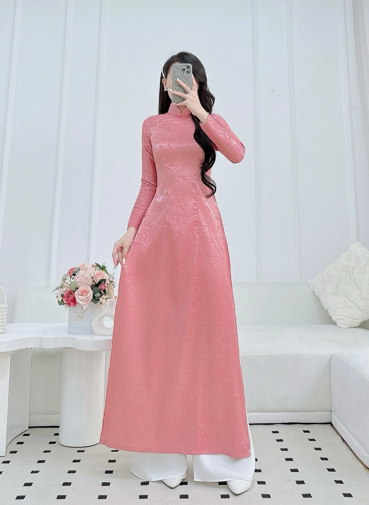 Nude Pink Ao Dai With Rose Gấm Pattern | Pre made ao dai for women | Vietnamese long dress