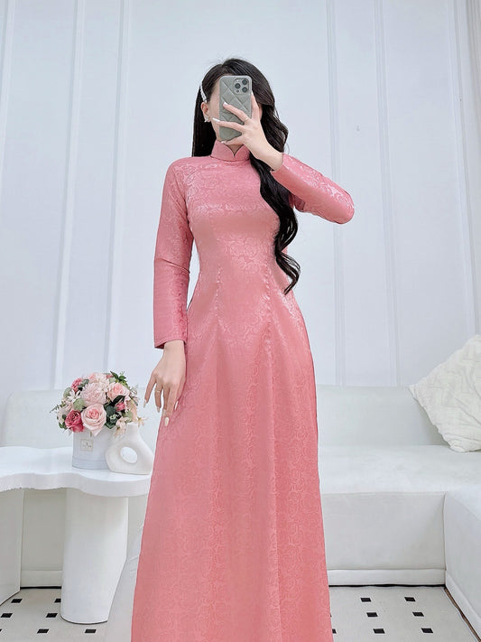 Nude Pink Ao Dai With Rose Gấm Pattern | Pre made ao dai for women | Vietnamese long dress