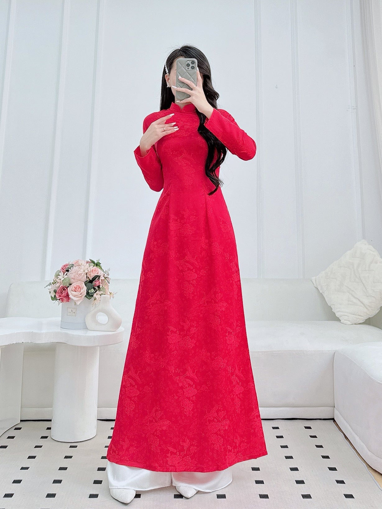 Elegant Red Ao Dai – Vietnamese Traditional Dress for Women – Long Sleeve Silk Top Only