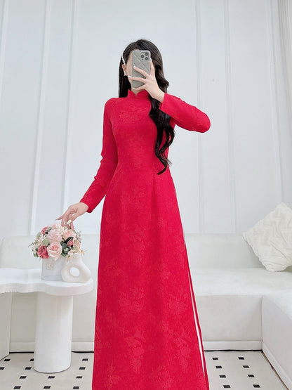 Elegant Red Ao Dai – Vietnamese Traditional Dress for Women – Long Sleeve Silk Top Only