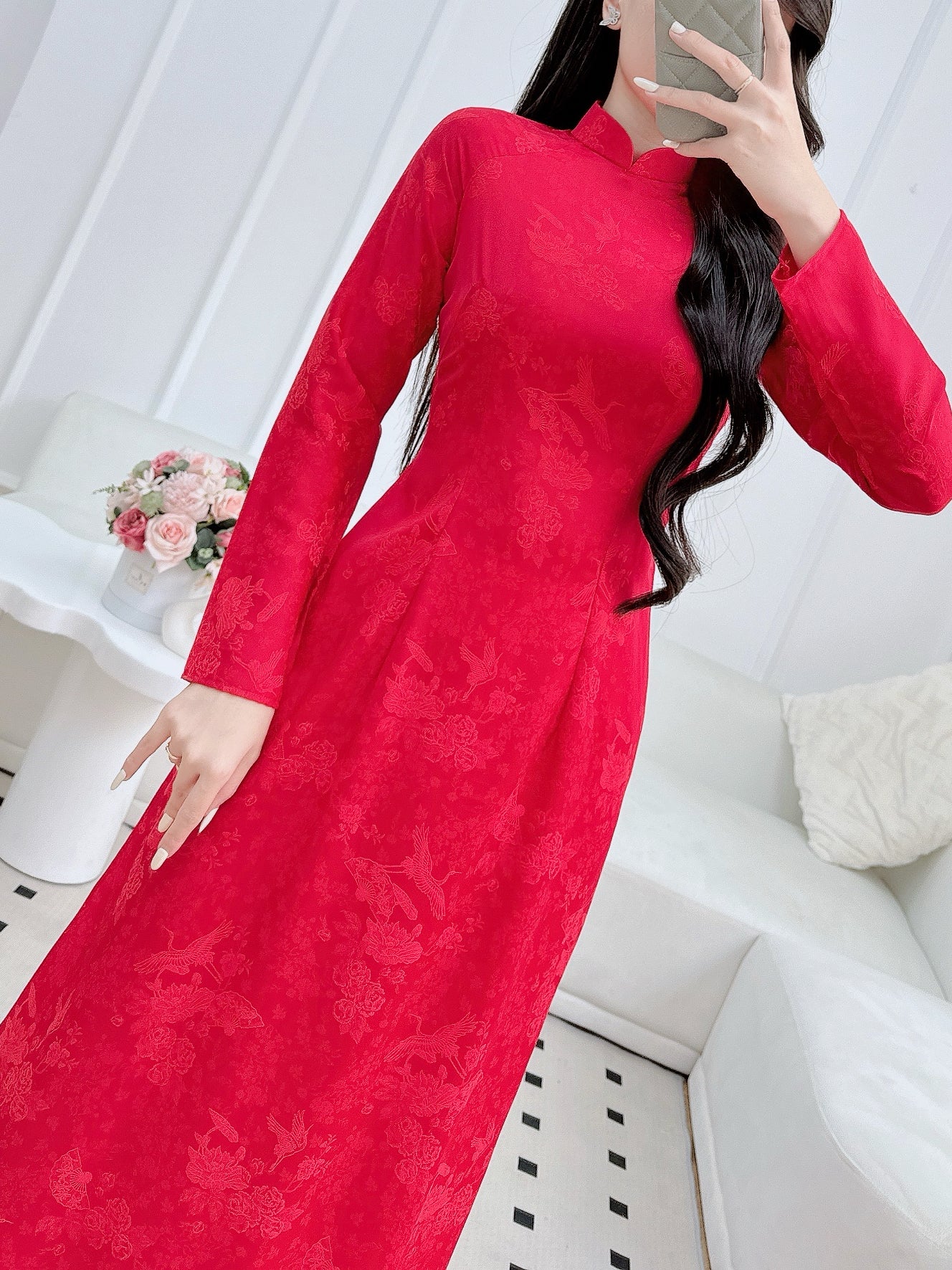 Elegant Red Ao Dai – Vietnamese Traditional Dress for Women – Long Sleeve Silk Top Only
