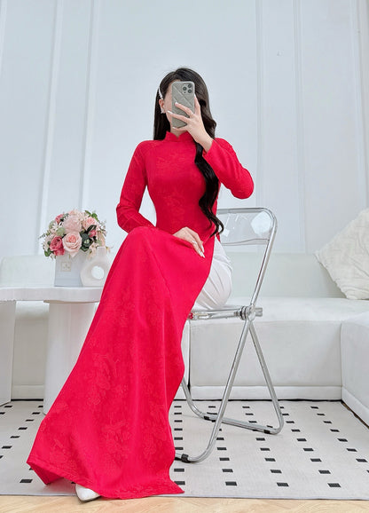 Elegant Red Ao Dai – Vietnamese Traditional Dress for Women – Long Sleeve Silk Top Only