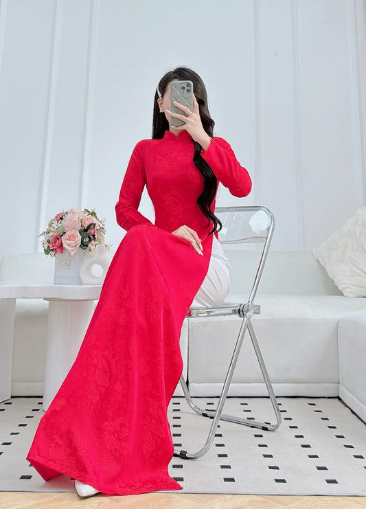 Elegant Red Ao Dai – Vietnamese Traditional Dress for Women – Long Sleeve Silk Top Only