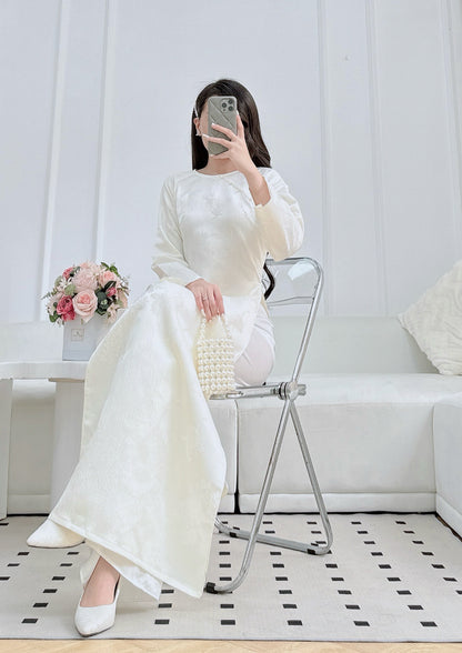 White Modern ao dai with Leave Bamboo | Vietnamese Ao Dai | NO pants