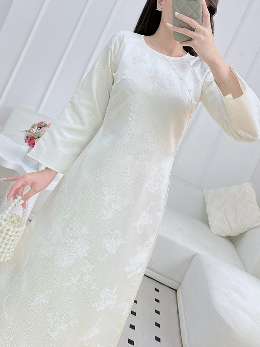 White Modern ao dai with Leave Bamboo | Vietnamese Ao Dai | NO pants