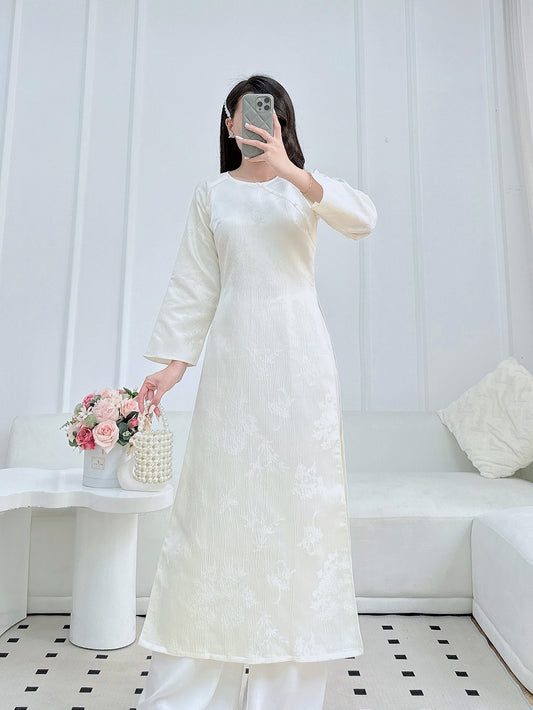 White Modern ao dai with Leave Bamboo | Vietnamese Ao Dai | NO pants
