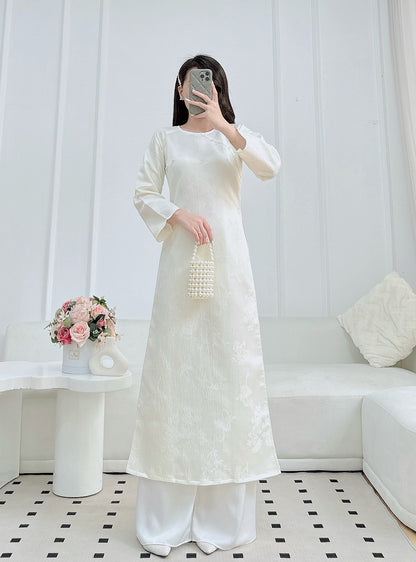 White Modern ao dai with Leave Bamboo | Vietnamese Ao Dai | NO pants