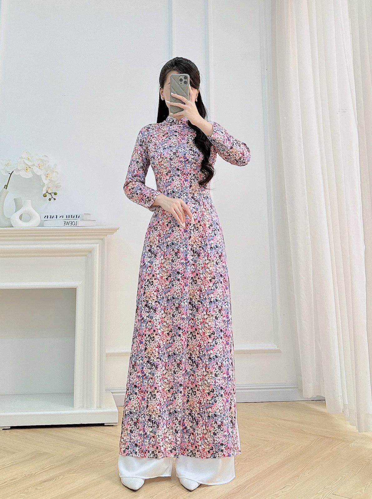 Flowery Vietnamese Ao Dai For Women | 3D Vietnamese long dress (No Pants)