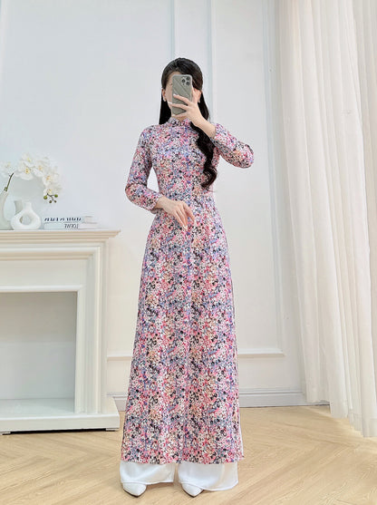 Flowery Vietnamese Ao Dai For Women | 3D Vietnamese long dress (No Pants)
