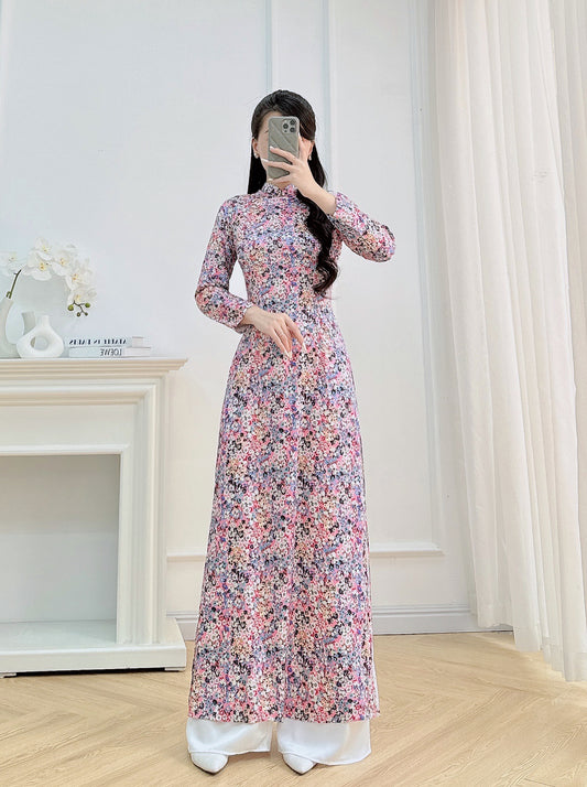 Flowery Vietnamese Ao Dai For Women | 3D Vietnamese long dress (No Pants)