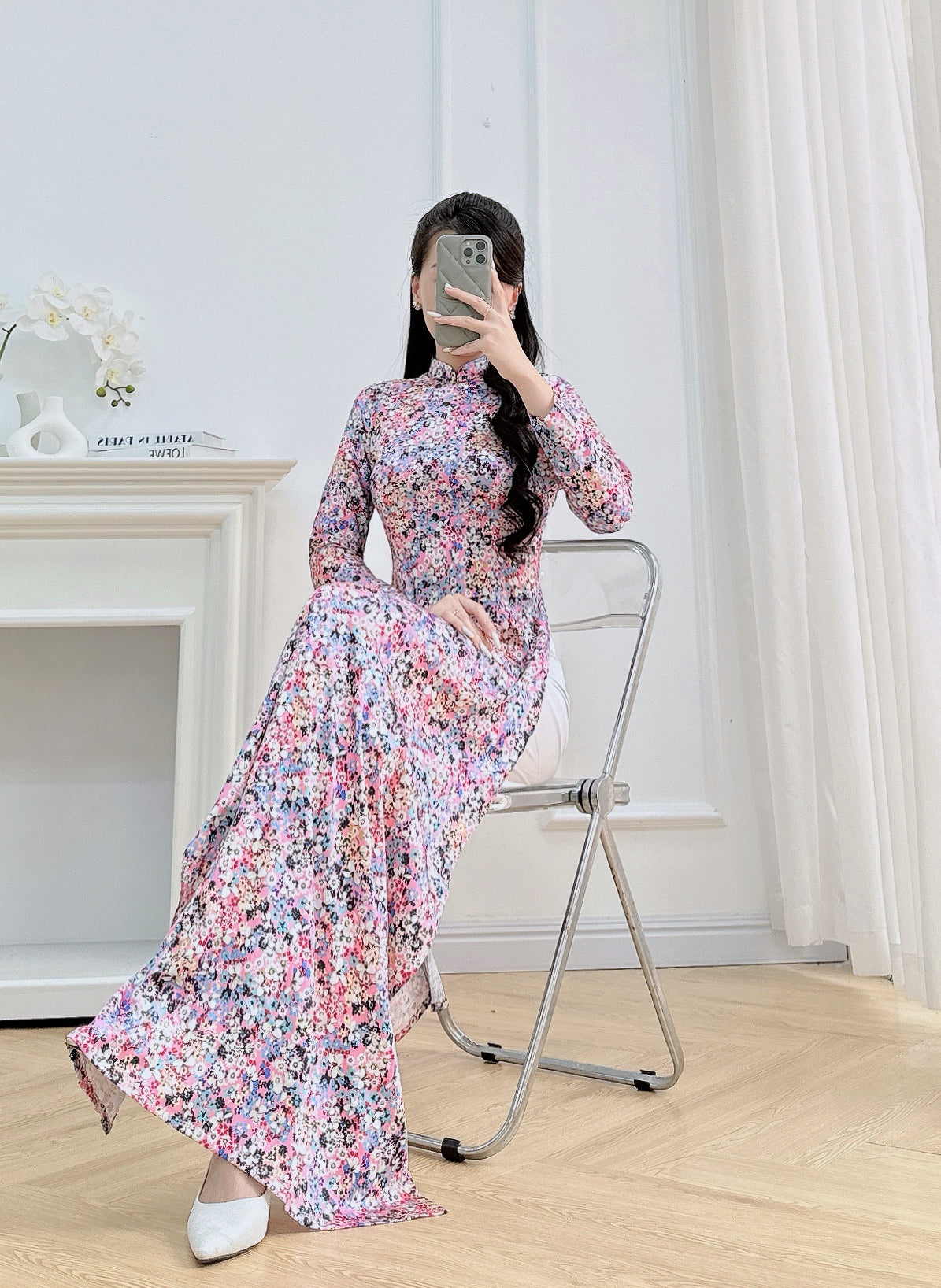 Flowery Vietnamese Ao Dai For Women | 3D Vietnamese long dress (No Pants)
