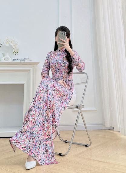 Flowery Vietnamese Ao Dai For Women | 3D Vietnamese long dress (No Pants)