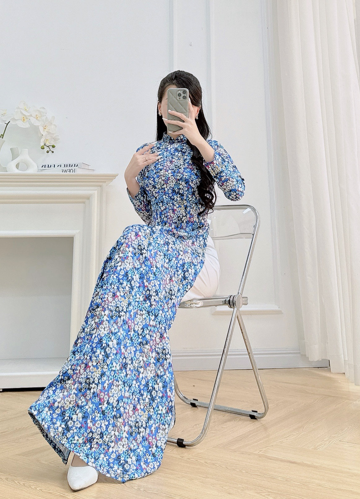 Flowery Blue Vietnamese Ao Dai For Women | 3D Vietnamese long dress (No Pants)