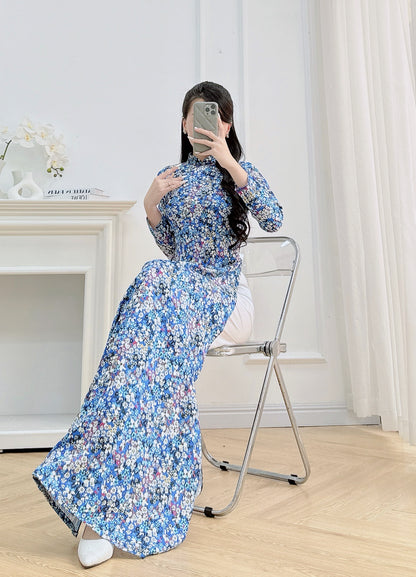 Flowery Blue Vietnamese Ao Dai For Women | 3D Vietnamese long dress (No Pants)