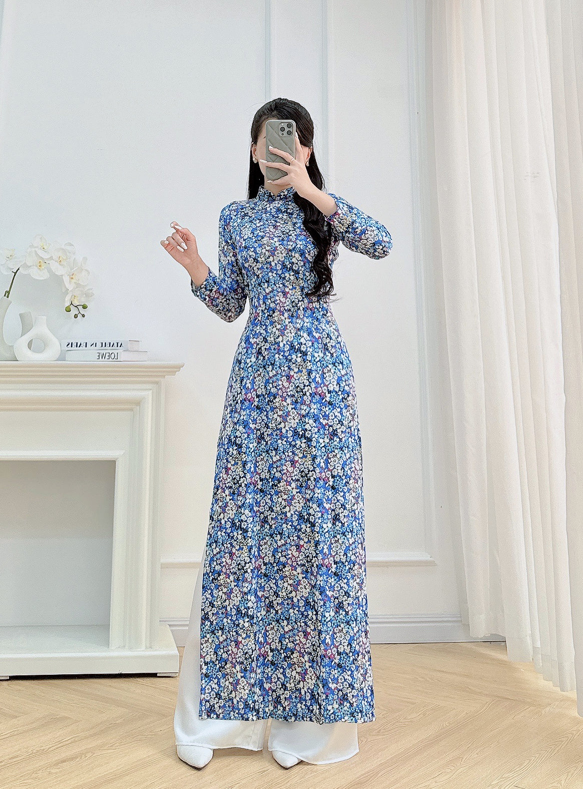 Flowery Blue Vietnamese Ao Dai For Women | 3D Vietnamese long dress (No Pants)