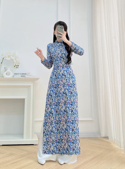 Flowery Blue Vietnamese Ao Dai For Women | 3D Vietnamese long dress (No Pants)