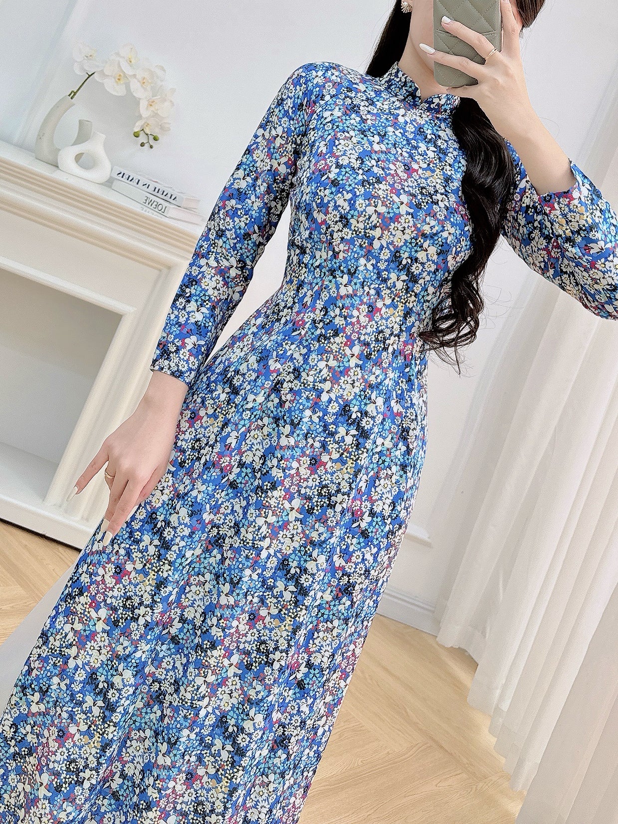 Flowery Blue Vietnamese Ao Dai For Women | 3D Vietnamese long dress (No Pants)