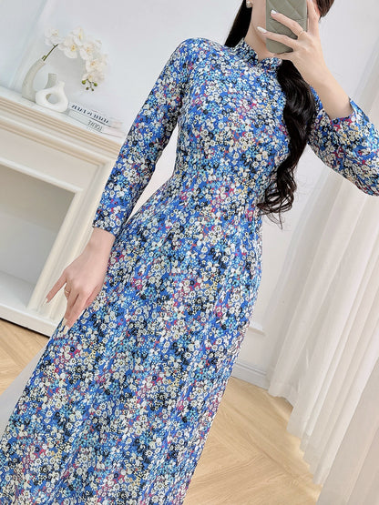Flowery Blue Vietnamese Ao Dai For Women | 3D Vietnamese long dress (No Pants)