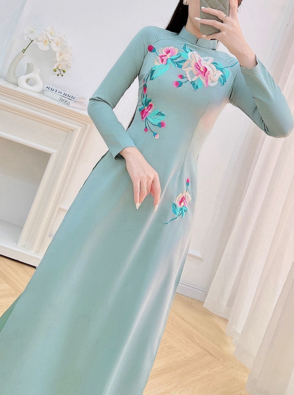 Green Embroidery Floral Ao Dai Set - Traditional Vietnamese Ao Dai