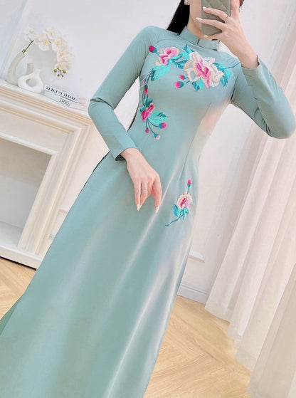 Green Embroidery Floral Ao Dai Set - Traditional Vietnamese Ao Dai