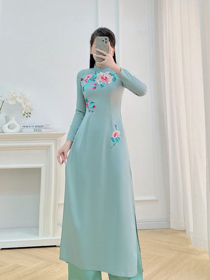 Green Embroidery Floral Ao Dai Set - Traditional Vietnamese Ao Dai