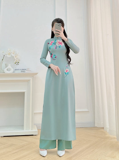 Green Embroidery Floral Ao Dai Set - Traditional Vietnamese Ao Dai