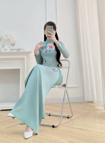 Green Embroidery Floral Ao Dai Set - Traditional Vietnamese Ao Dai