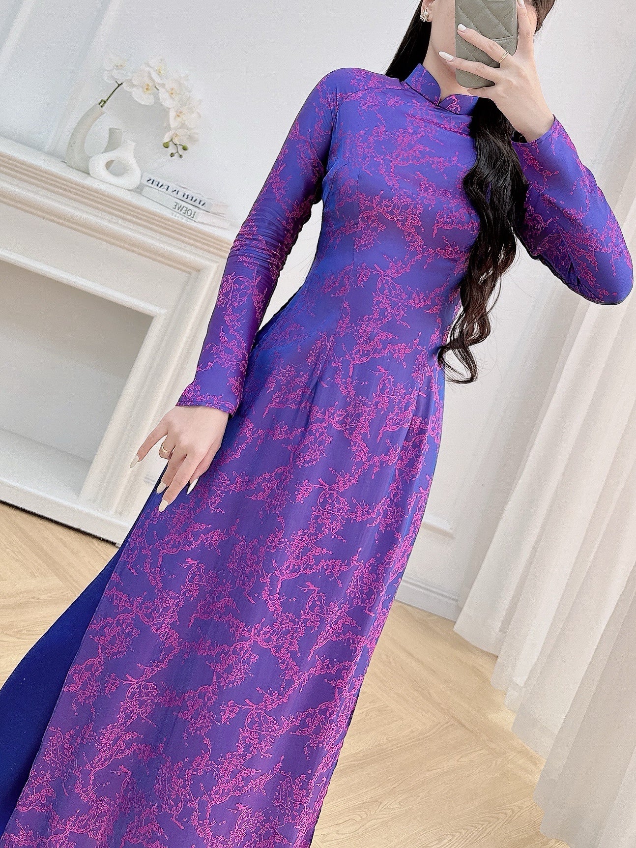 Deep Purple Floral Ao Dai Set - Traditional Vietnamese Ao Dai - Ao Dai To Gam