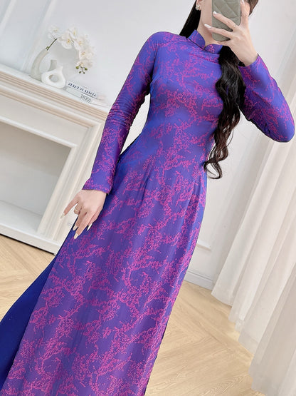 Deep Purple Floral Ao Dai Set - Traditional Vietnamese Ao Dai - Ao Dai To Gam