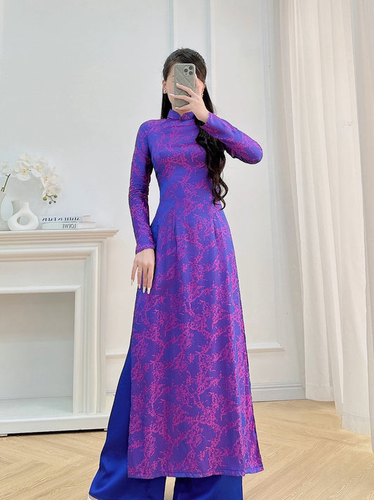 Deep Purple Floral Ao Dai Set - Traditional Vietnamese Ao Dai - Ao Dai To Gam