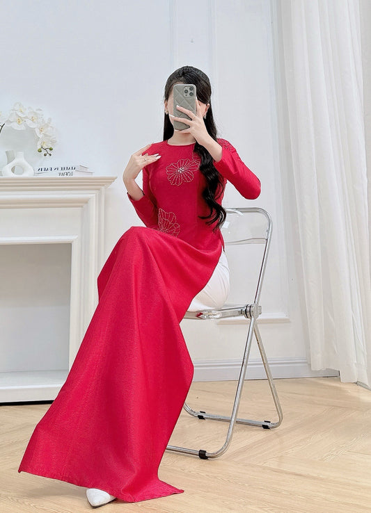 RITA Red Ao dai silk with Beaded Crystals| Vietnamese ao dai for women | White Pants | Crew Neck