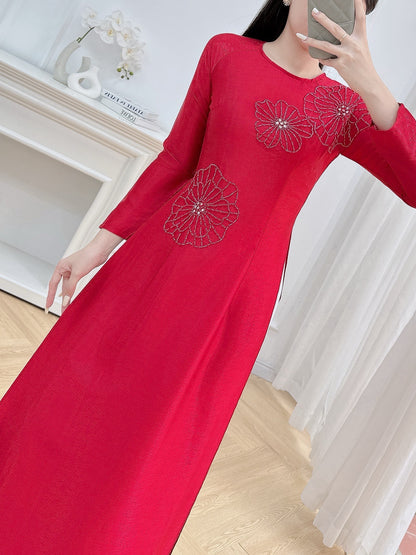 RITA Red Ao dai silk with Beaded Crystals| Vietnamese ao dai for women | White Pants | Crew Neck