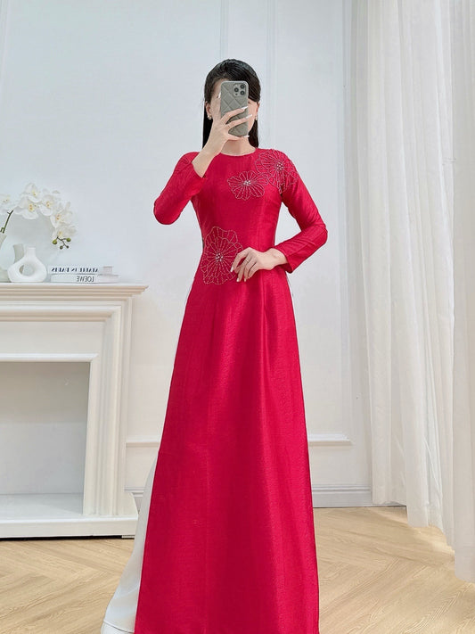 RITA Red Ao dai silk with Beaded Crystals| Vietnamese ao dai for women | White Pants | Crew Neck