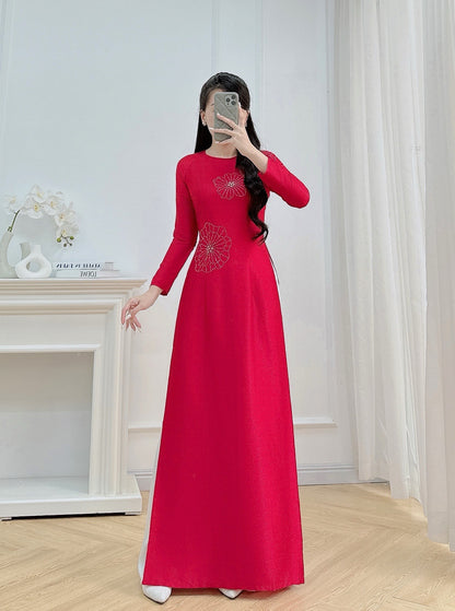 RITA Red Ao dai silk with Beaded Crystals| Vietnamese ao dai for women | White Pants | Crew Neck