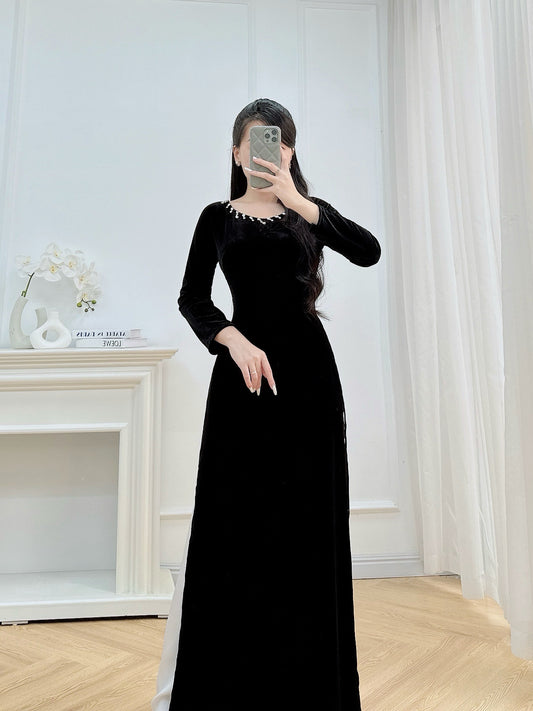 Black Velvet Vietnamese Ao Dai Dress – Traditional Long Sleeve Ao Dai with Pearl Neckline & Pants – Elegant Formal Ao Dai for Women