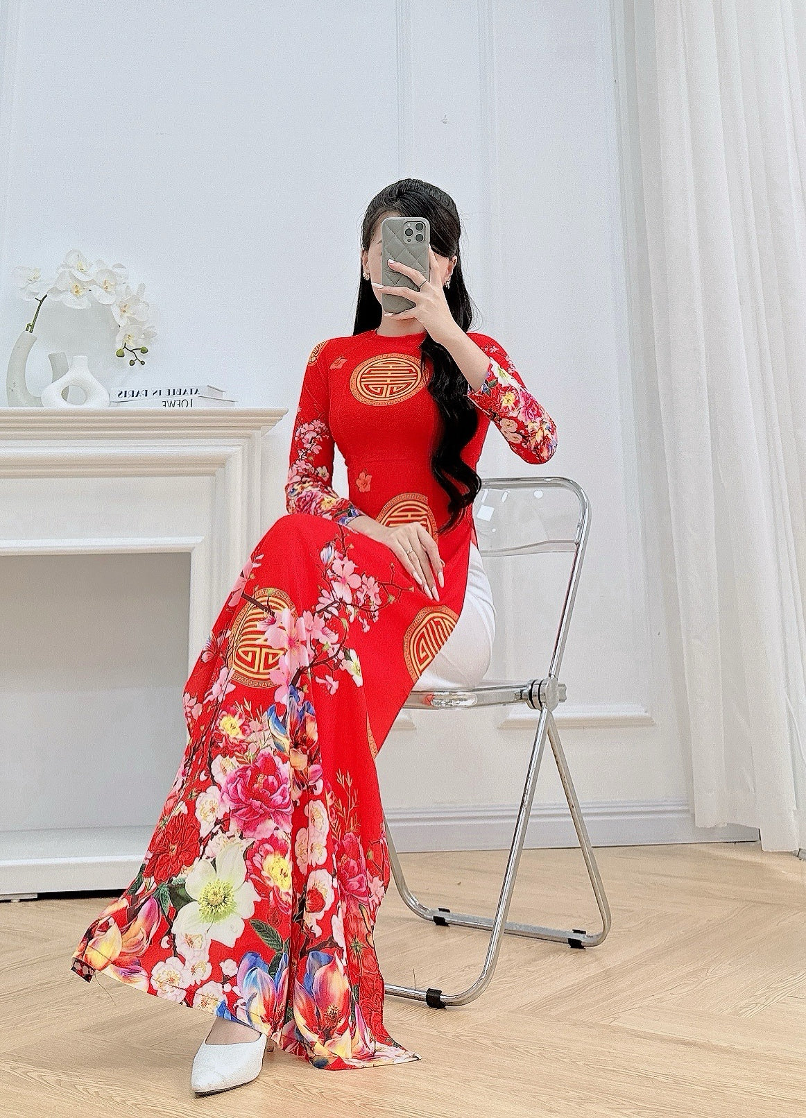 Pre-made: Red Spring Graden Ao Dai For Women - Traditional Ao Dai Tết
