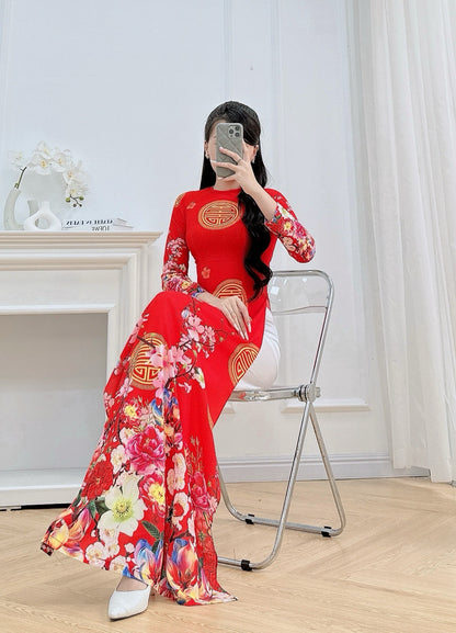 Pre-made: Red Spring Graden Ao Dai For Women - Traditional Ao Dai Tết