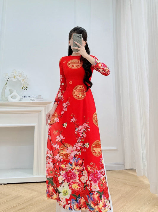 Pre-made: Red Spring Graden Ao Dai For Women - Traditional Ao Dai Tết